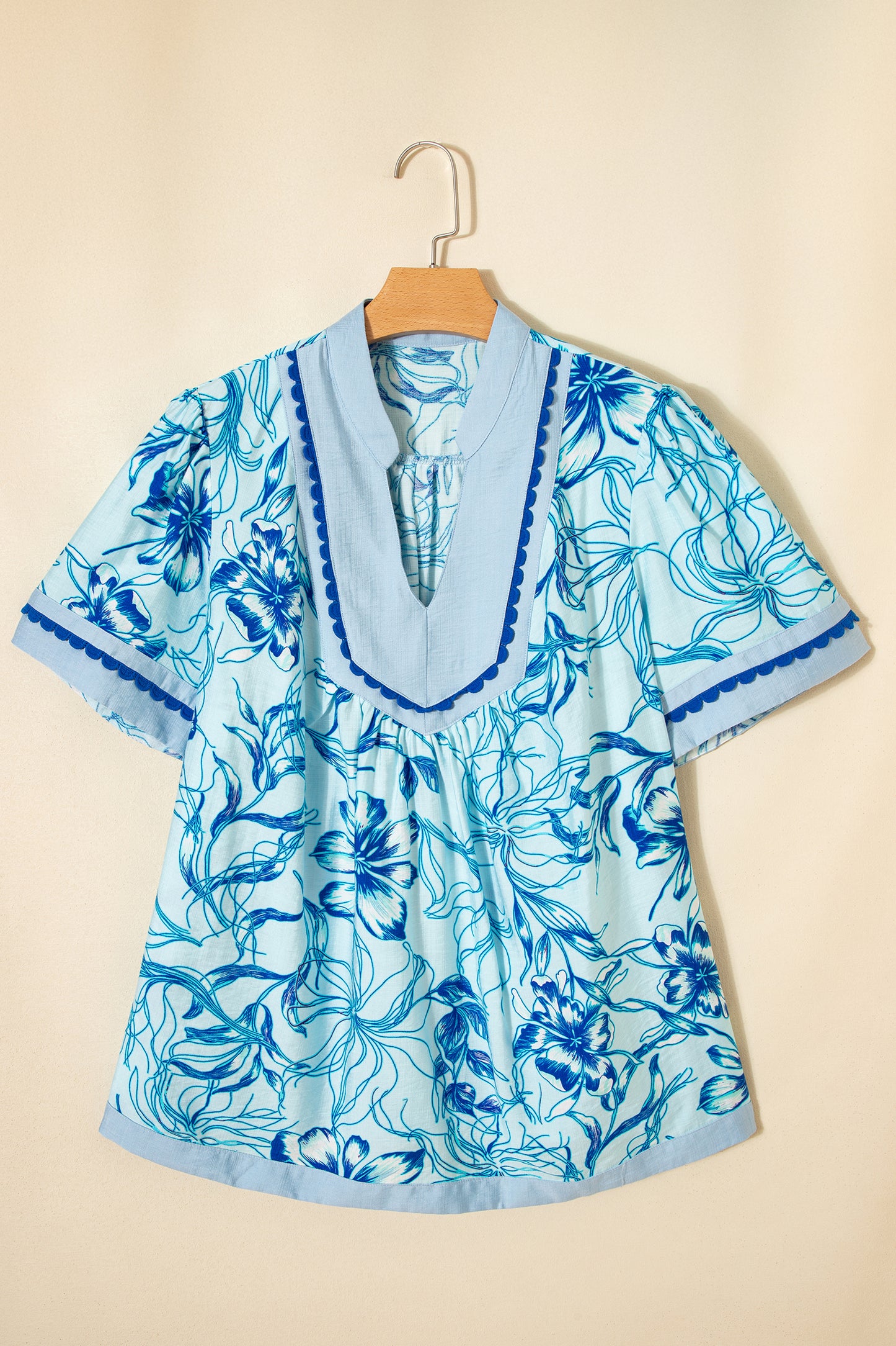 Plus Size Scalloped Trim Floral Short Sleeve Blouse | 1X–4X | Blue