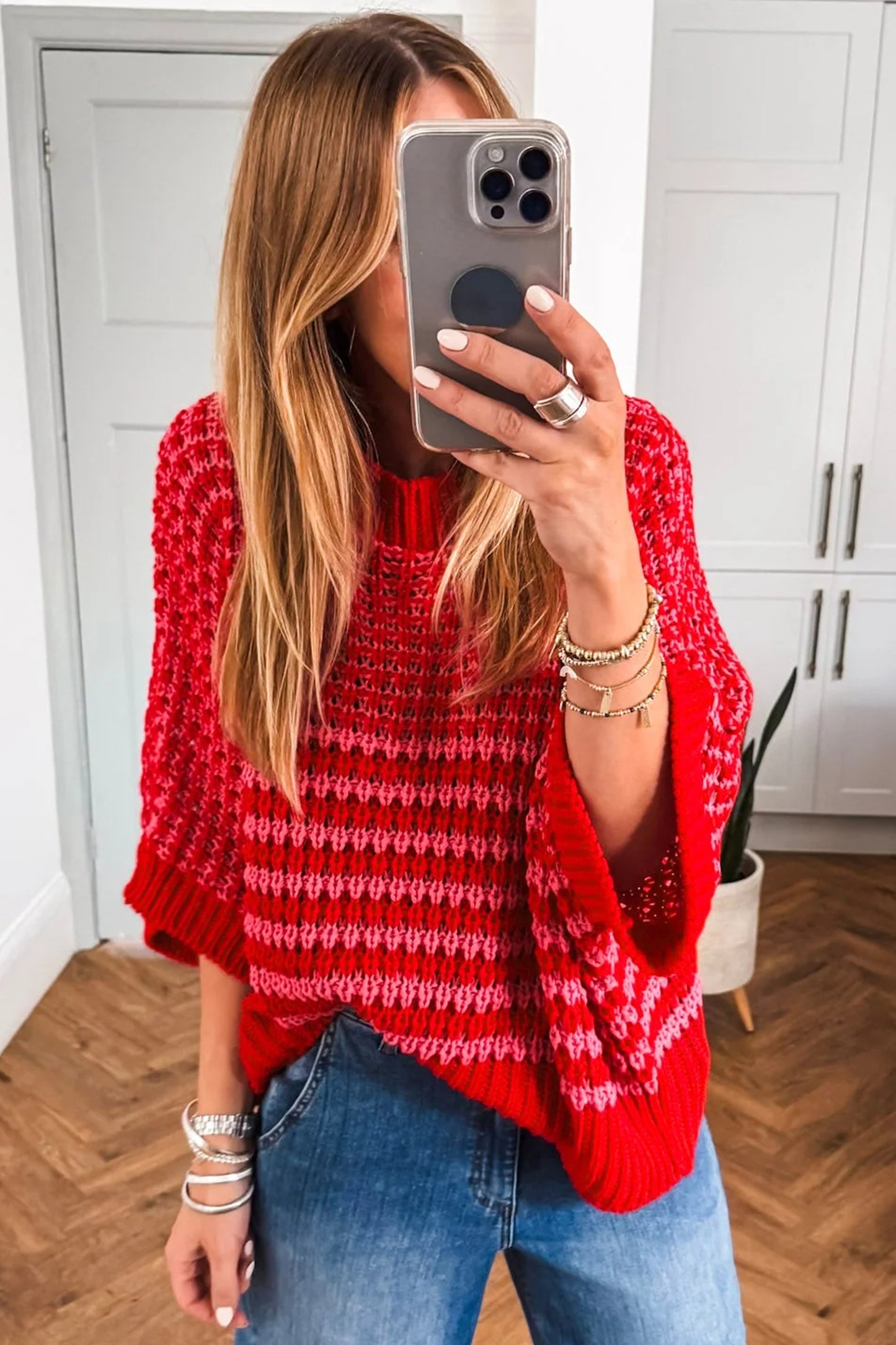 Striped Slouchy Sweater with 3/4 Draped Sleeves | Red Stripe