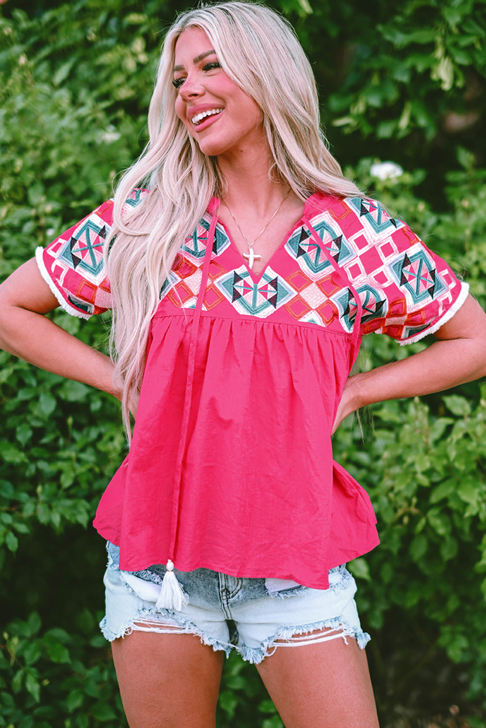 Strawberry Pink Geometric Embroidered Tassel Tie V-Neck Blouse | S–XL