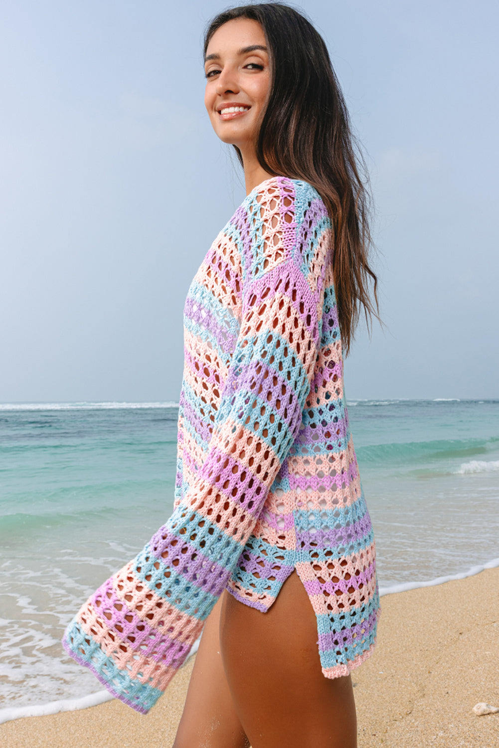Multi-Stripe Open Knit Long-Sleeve Beach Cover-Up | Carrot & Purple