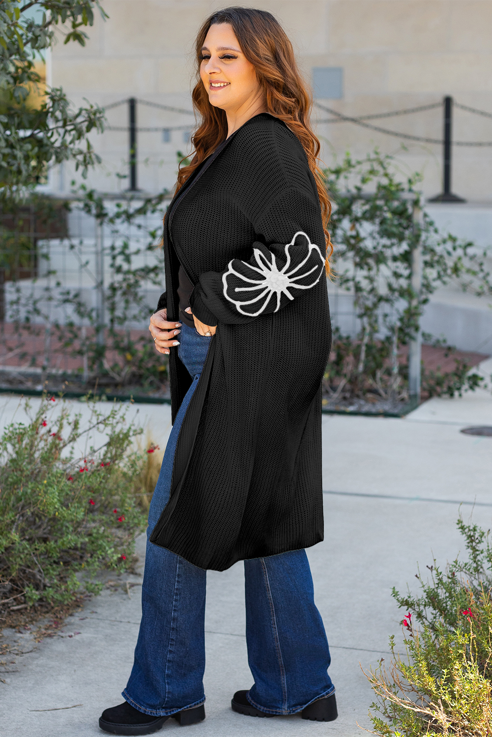 Black Floral Embroidered Duster Cardigan Women S–3XL