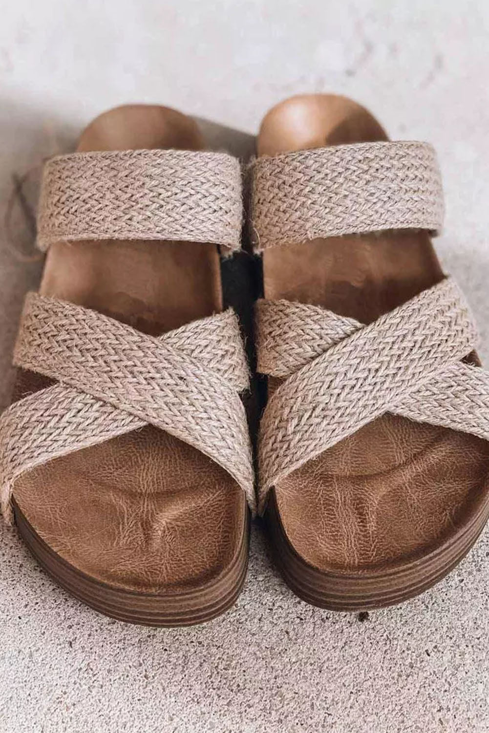 Beige Woven Crisscross Hollowed Platform Slides