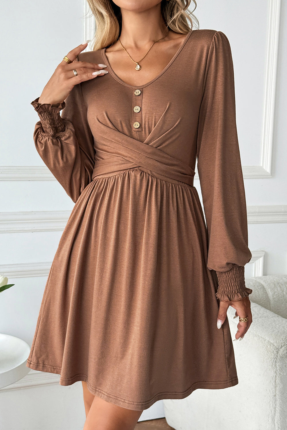 Women's Long Sleeve Button Mini Dress S to 2XL