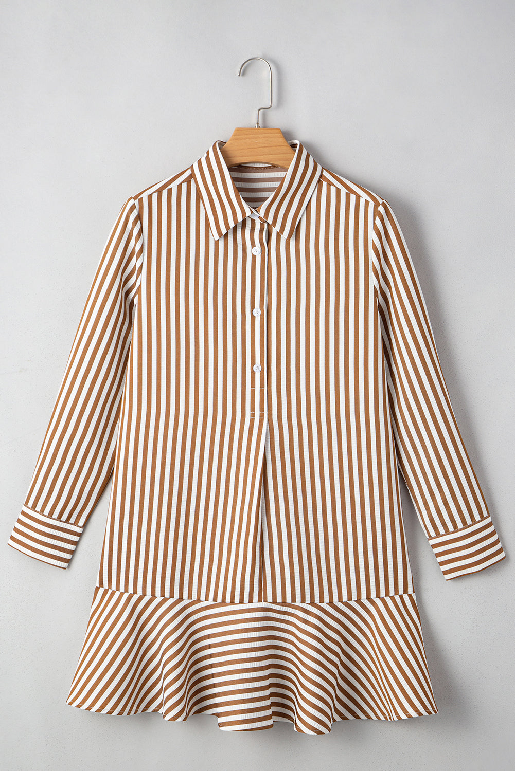 Brown Stripe Shirt Mini Dress Women S–XL