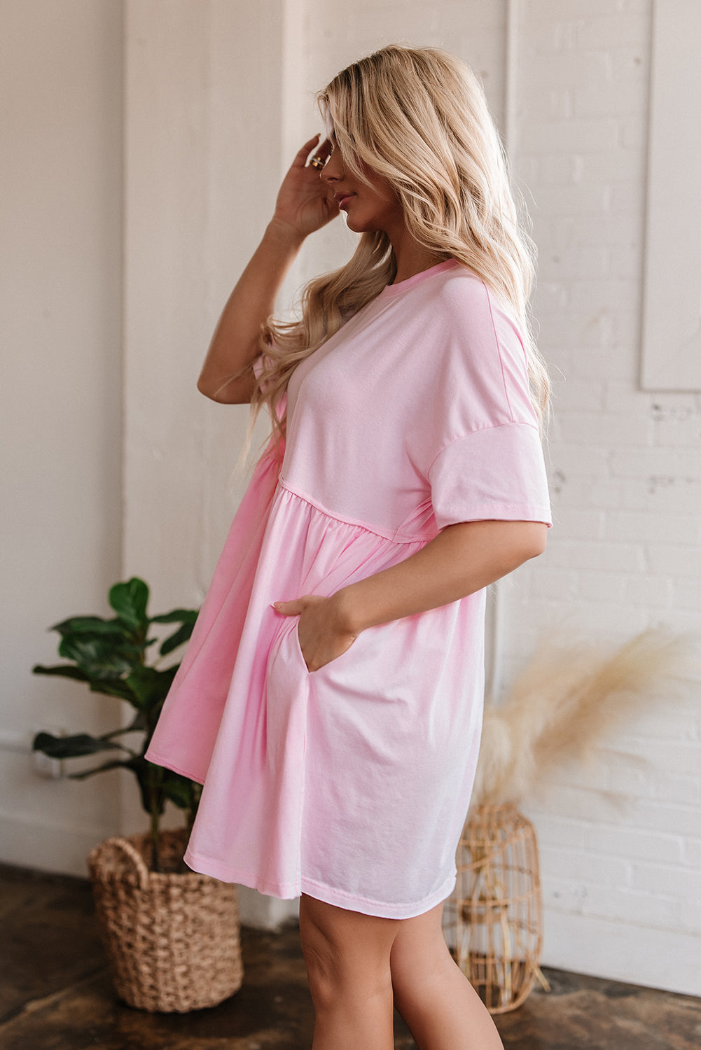 Solid Color Pocketed Raw Edge Babydoll Mini Dress