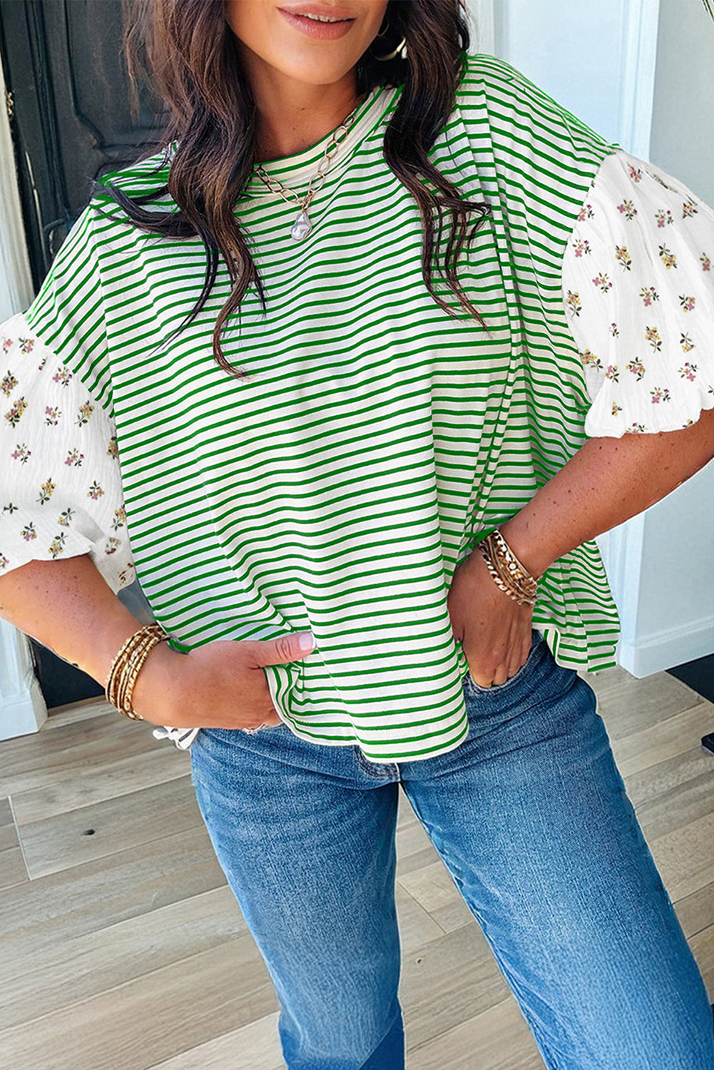 Striped Floral Puff Sleeve Top Women S–XL