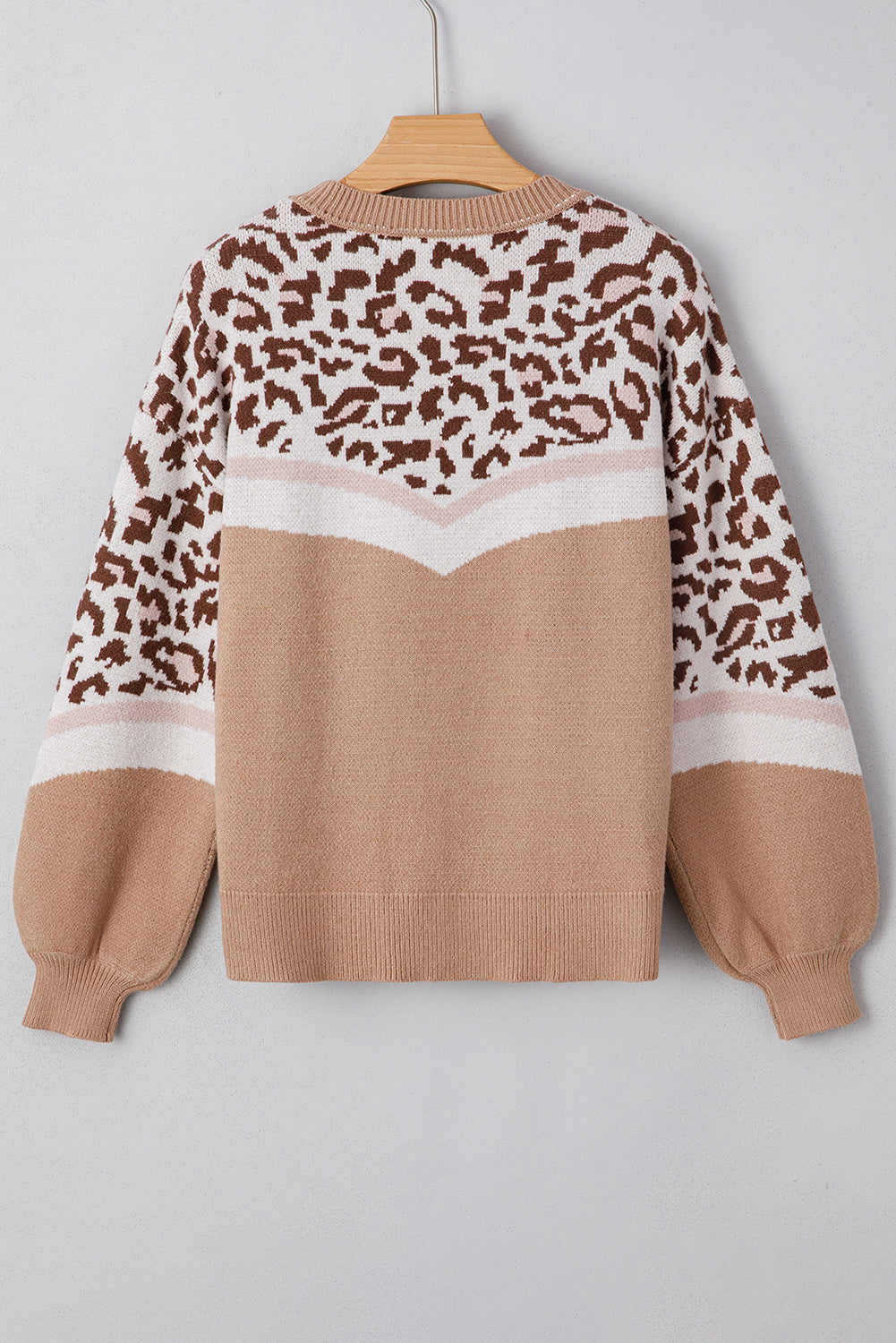 Leopard Colorblock Puff Sleeve Knit Pullover Sweater | Khaki