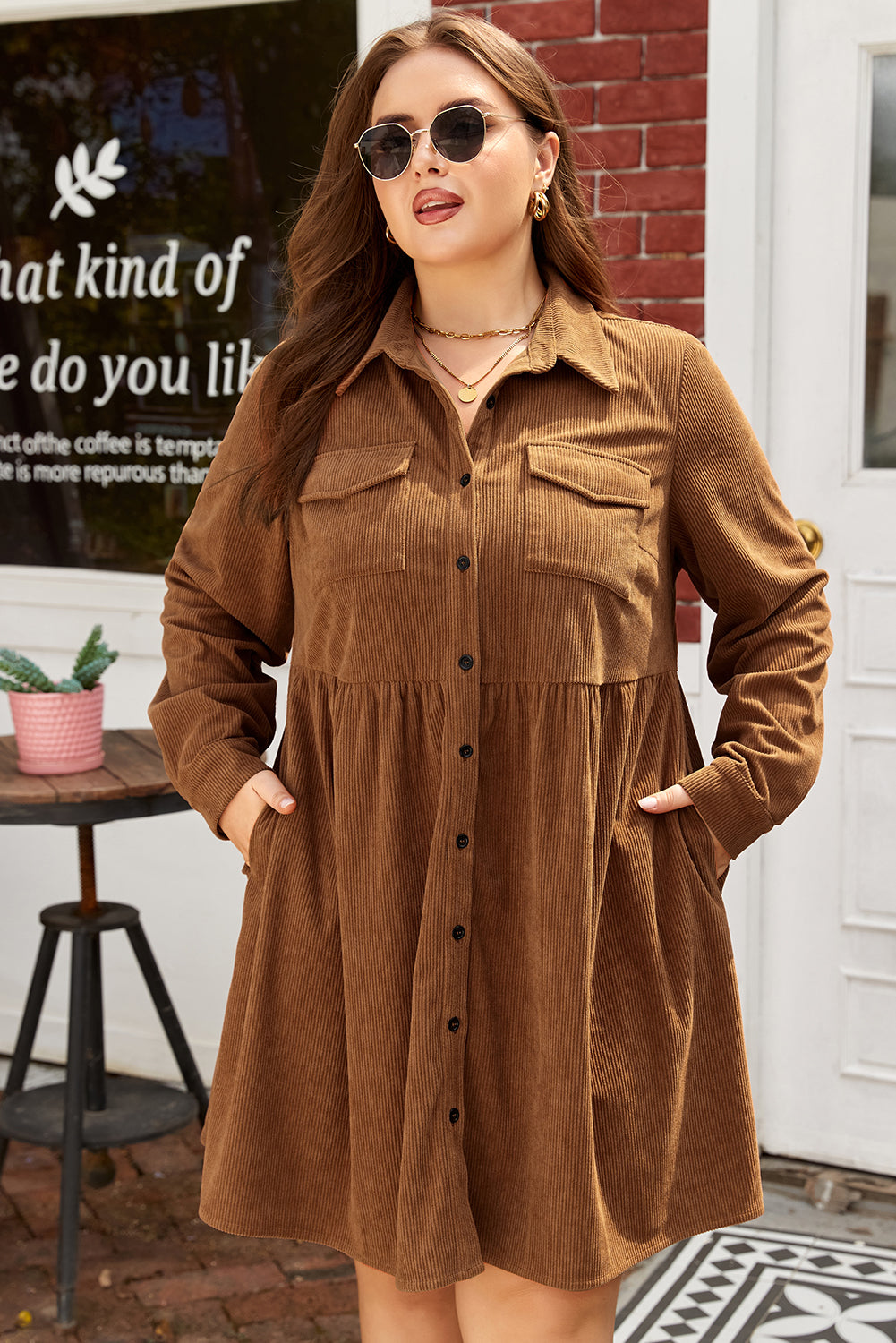 Plus Size Brown Corduroy Peplum Dress Women 1X–4X