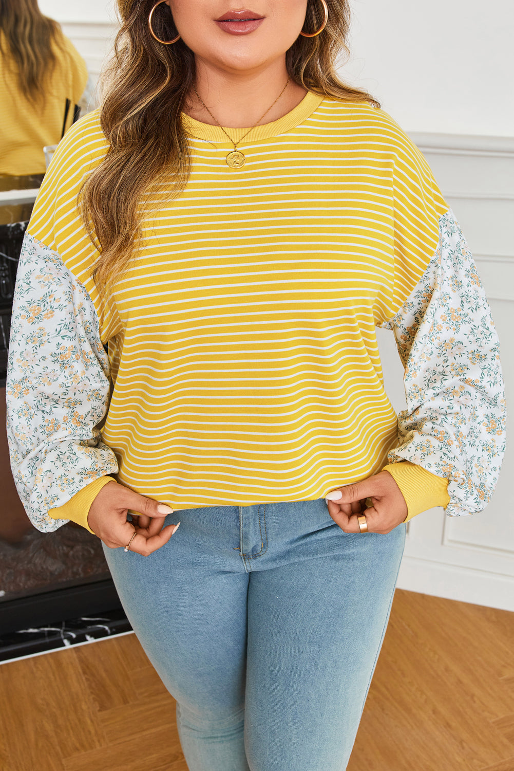 Striped Contrast Floral Sleeve Patchwork Top | Plus Size | Yellow Stripe | 1X–4X