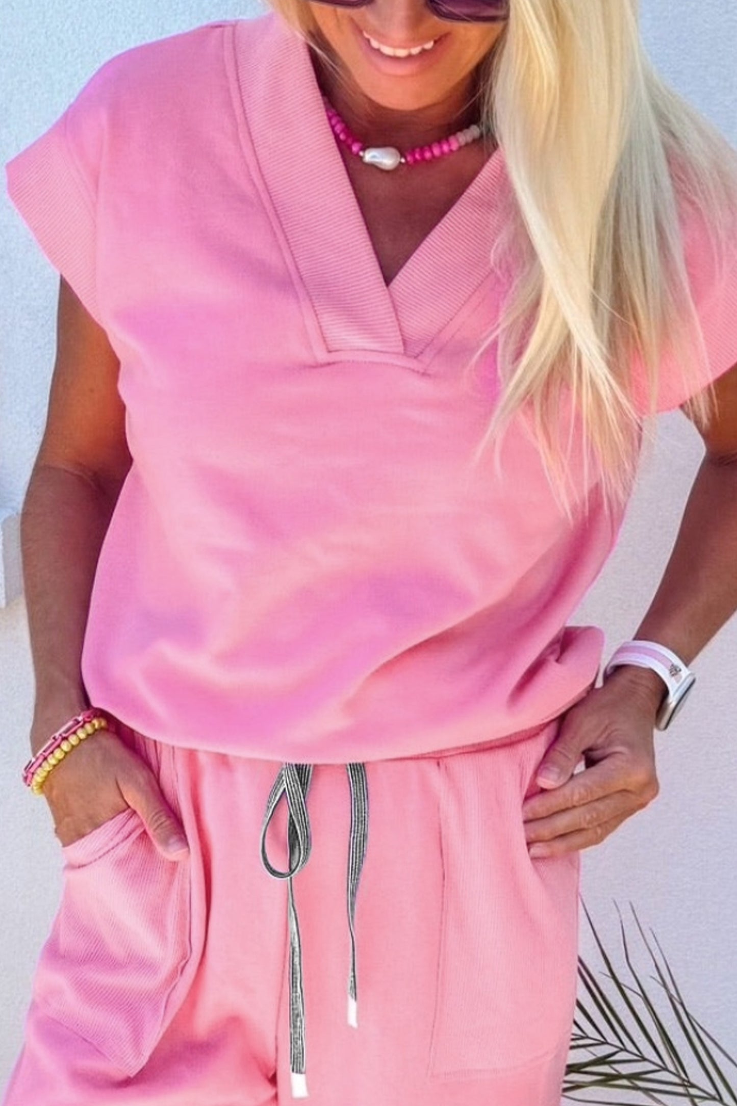 V-Neck Tee & Drawstring Pant Lounge Set | Pink, Mint, Apricot & Blue | S–XL