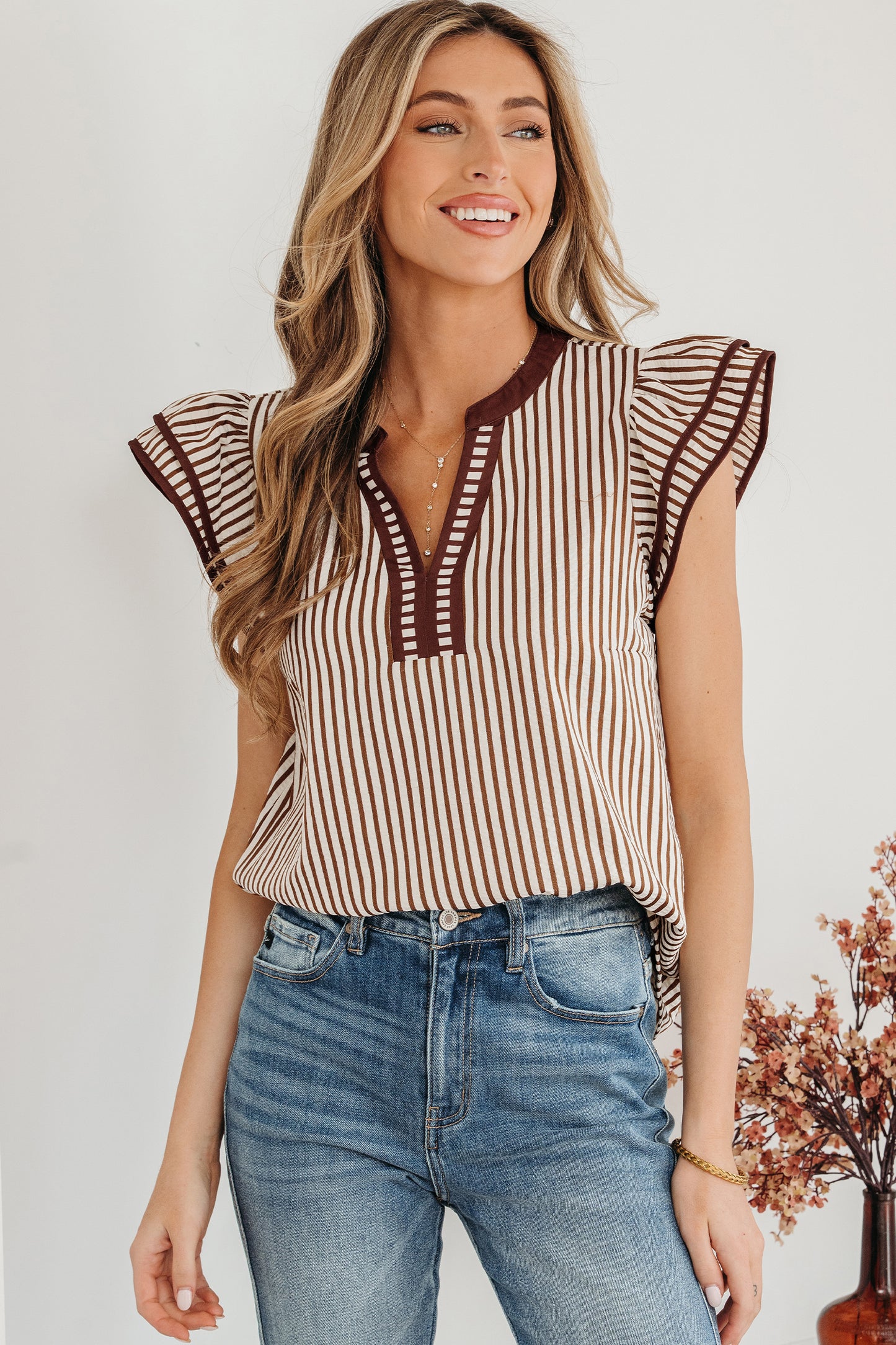 Striped Ruffle Sleeve V-Neck Blouse – Women S–XL