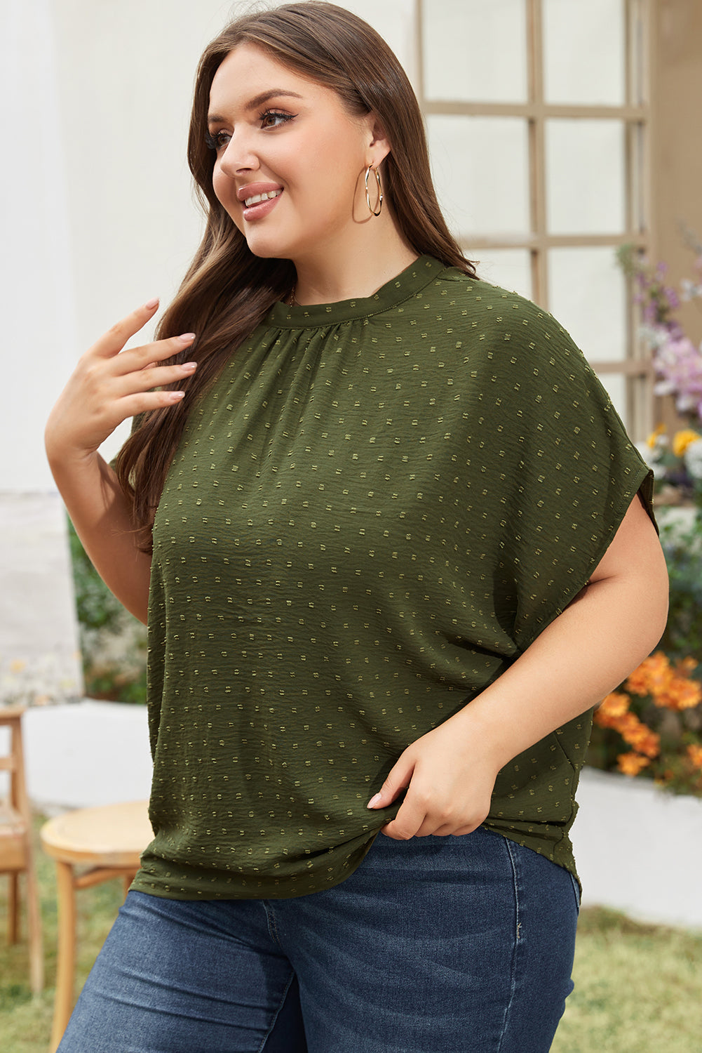Swiss Dot Mock Neck Tied Nape Top | Plus Size | Moss Green | 1X–3X