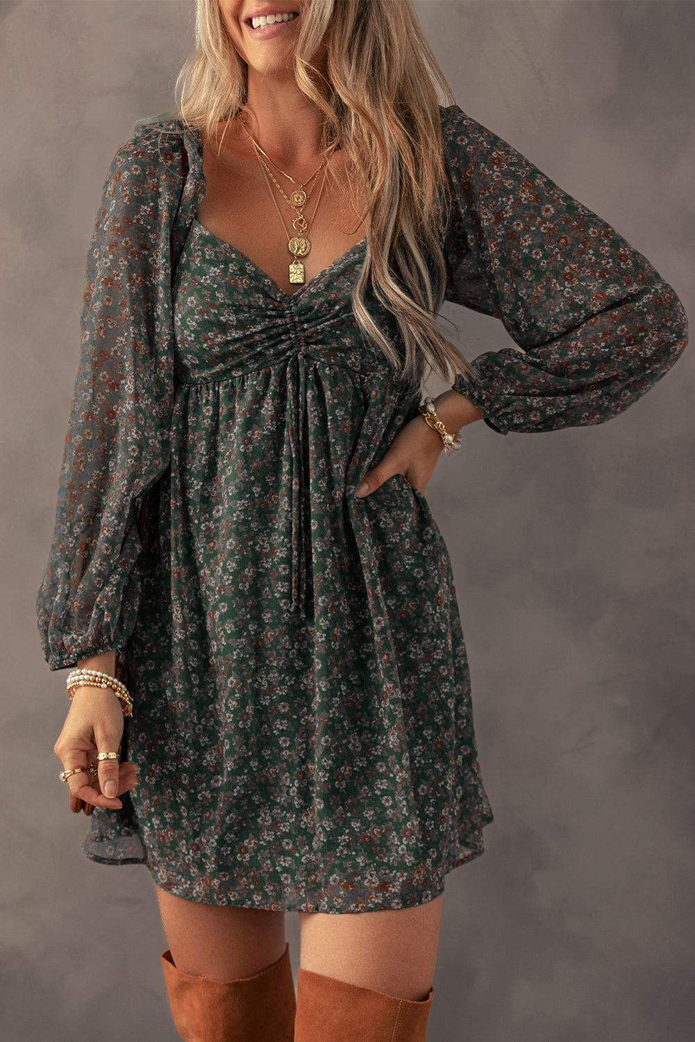 Floral Print Sweetheart Neck Ruched Bust Shirred Back Bubble Sleeve Mini Dress