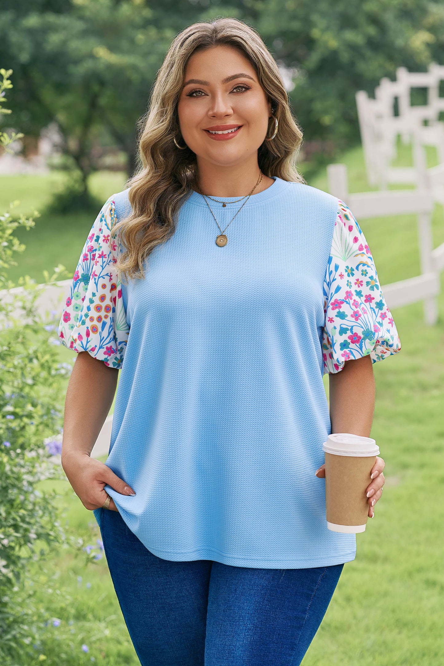 Womens Plus Size Light Blue Floral Sleeve Top 1X–4X