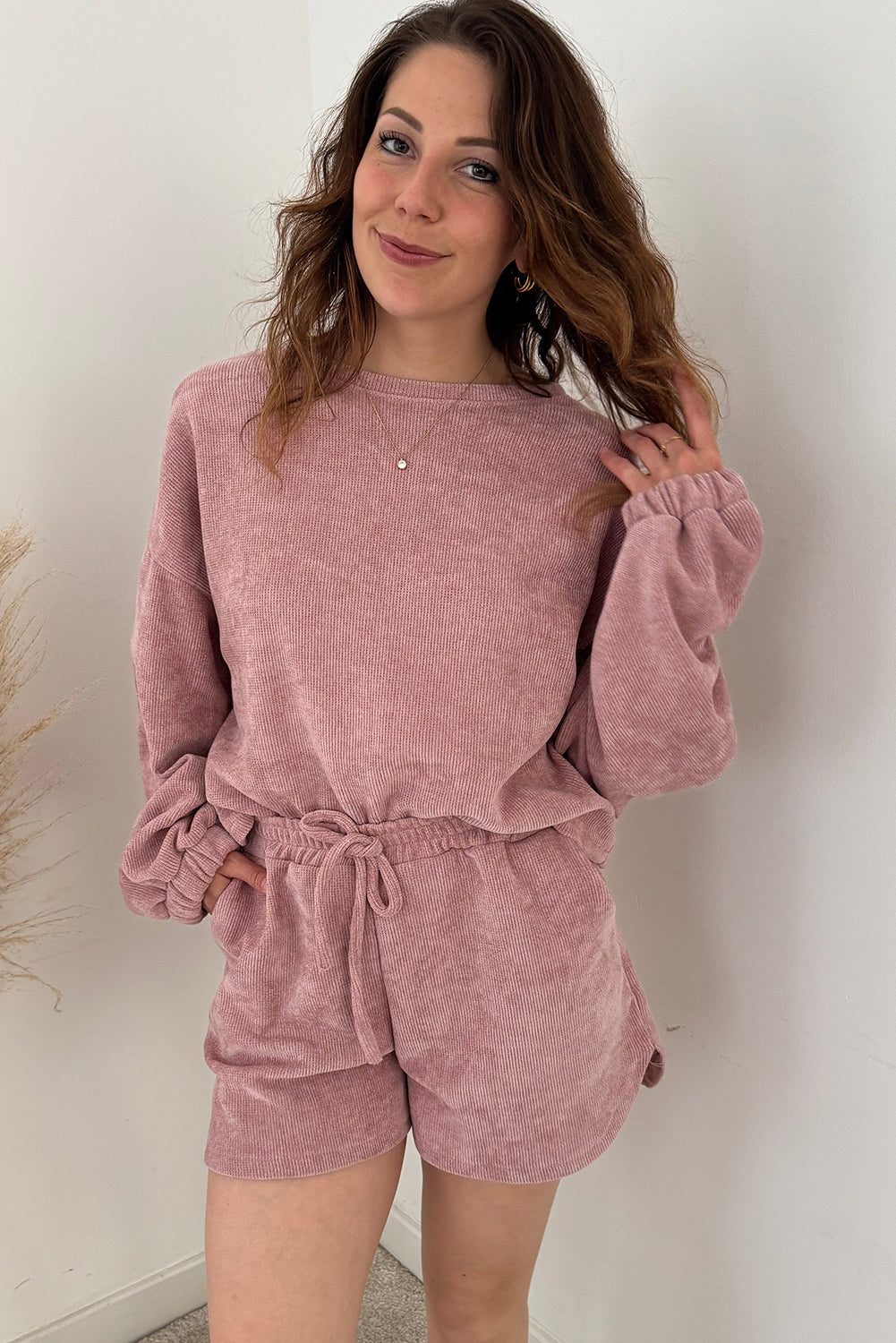 Textured Knit Drop Shoulder Pullover & Drawstring Shorts Set