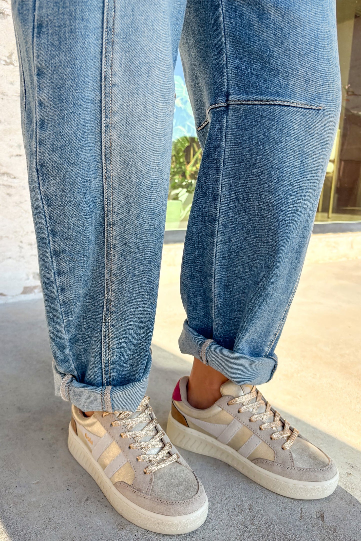 Sky Blue Medium Wash Cuffed Barrel Jeans | US 4–16