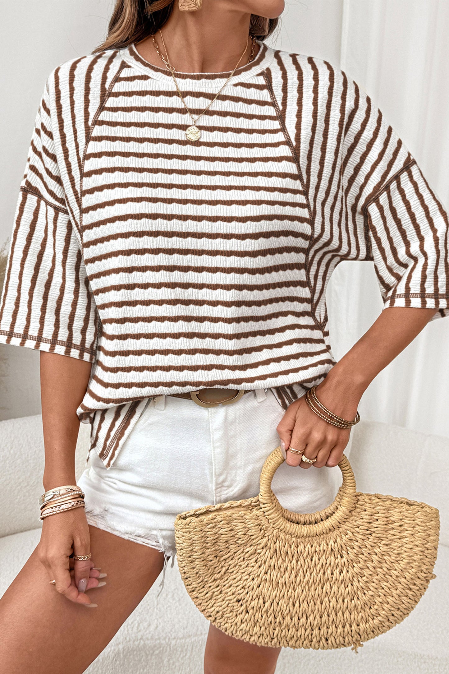 Textured Knit Split Hem Half Sleeve Loose Top | S–2XL | Blue Stripe & Brown Stripe