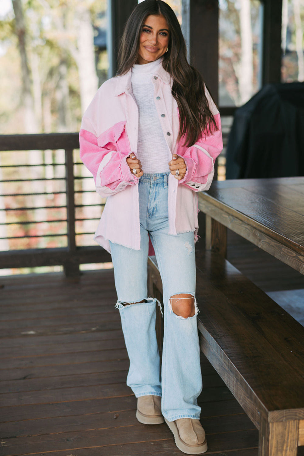 Two-Tone Pink Exposed Seam Corduroy Shacket