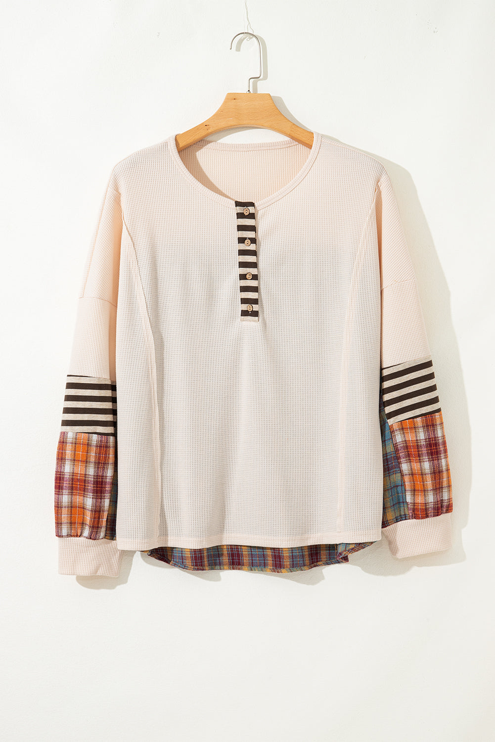 Plus Size Waffle Knit Colorblock Patchwork Half-Button Pullover