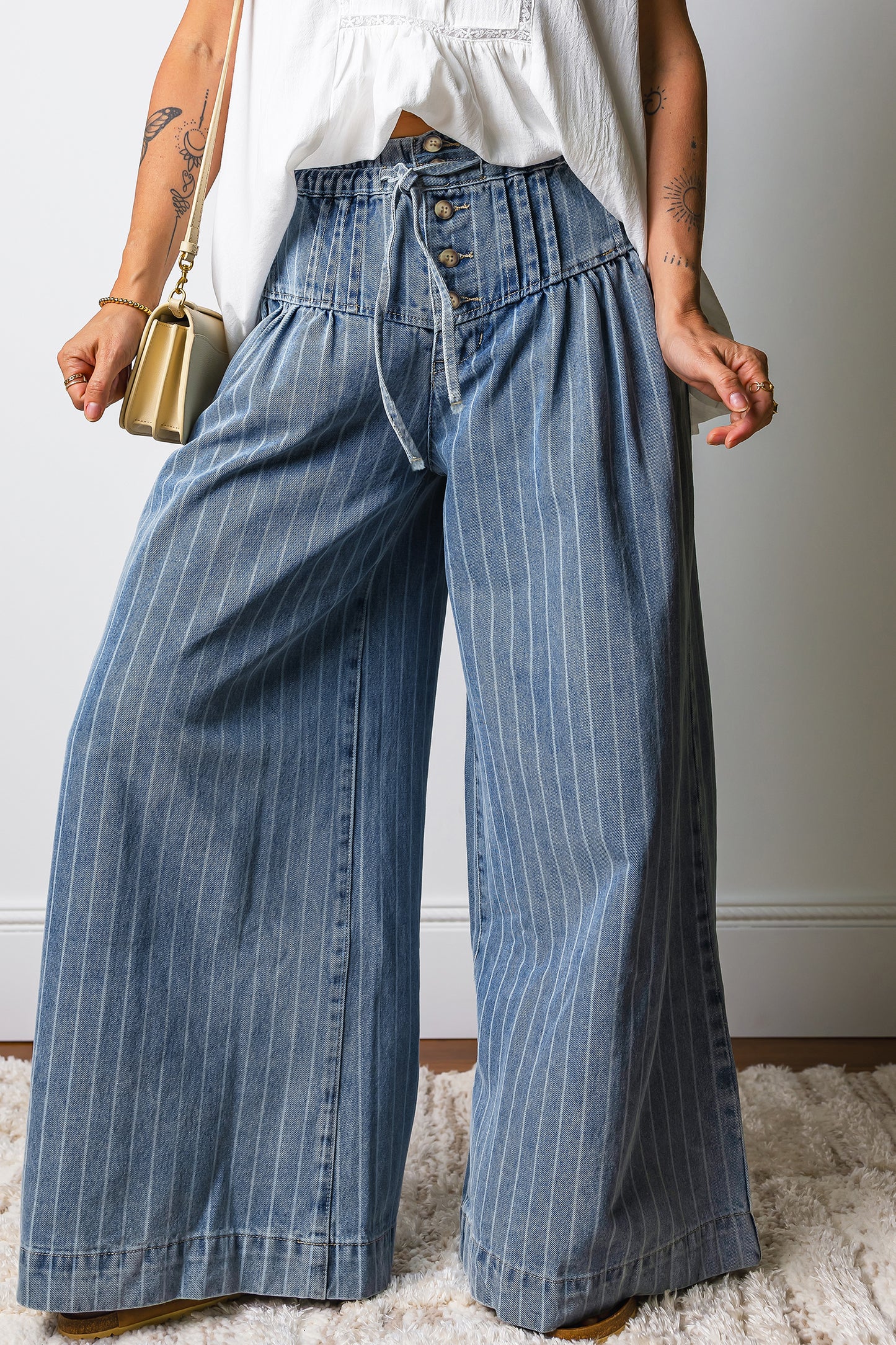 Blue Stripe Button Detail Drawstring Wide Leg Jeans – Women Sizes 4–16