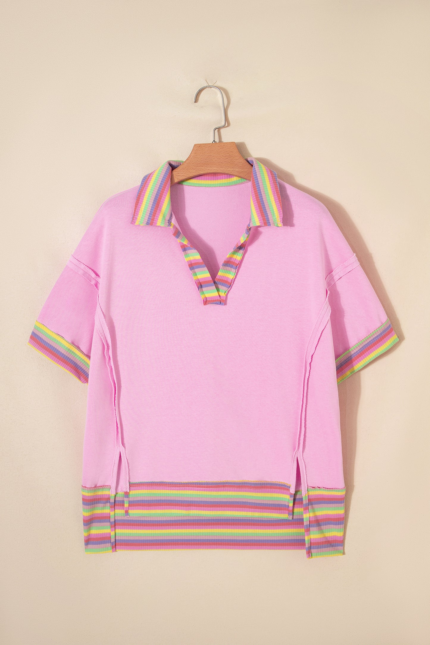 Pink Rainbow Stripe Ribbed Patchwork Raw Seam Oversized Polo Tee