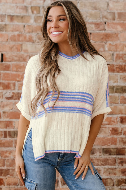 White Contrast Striped V-Neck Dolman Sleeve Ribbed Knit Oversized Tunic Sweater with Side Slits