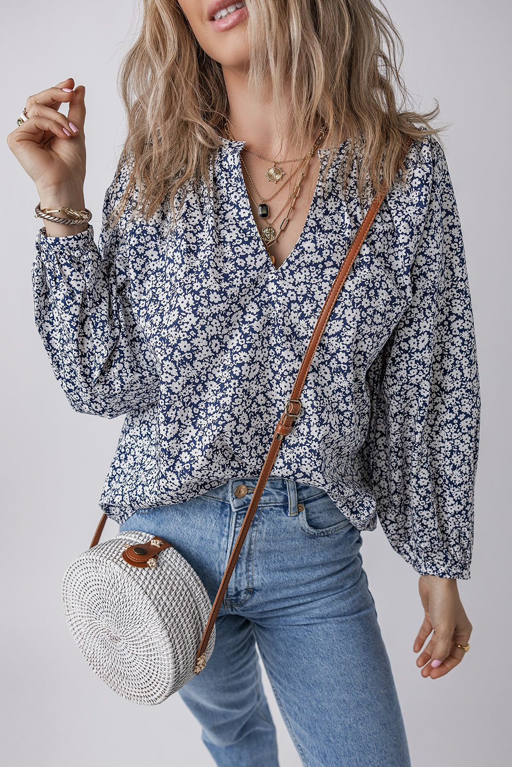 Blue Floral Print Notched V-Neck Puff Sleeve Blouse