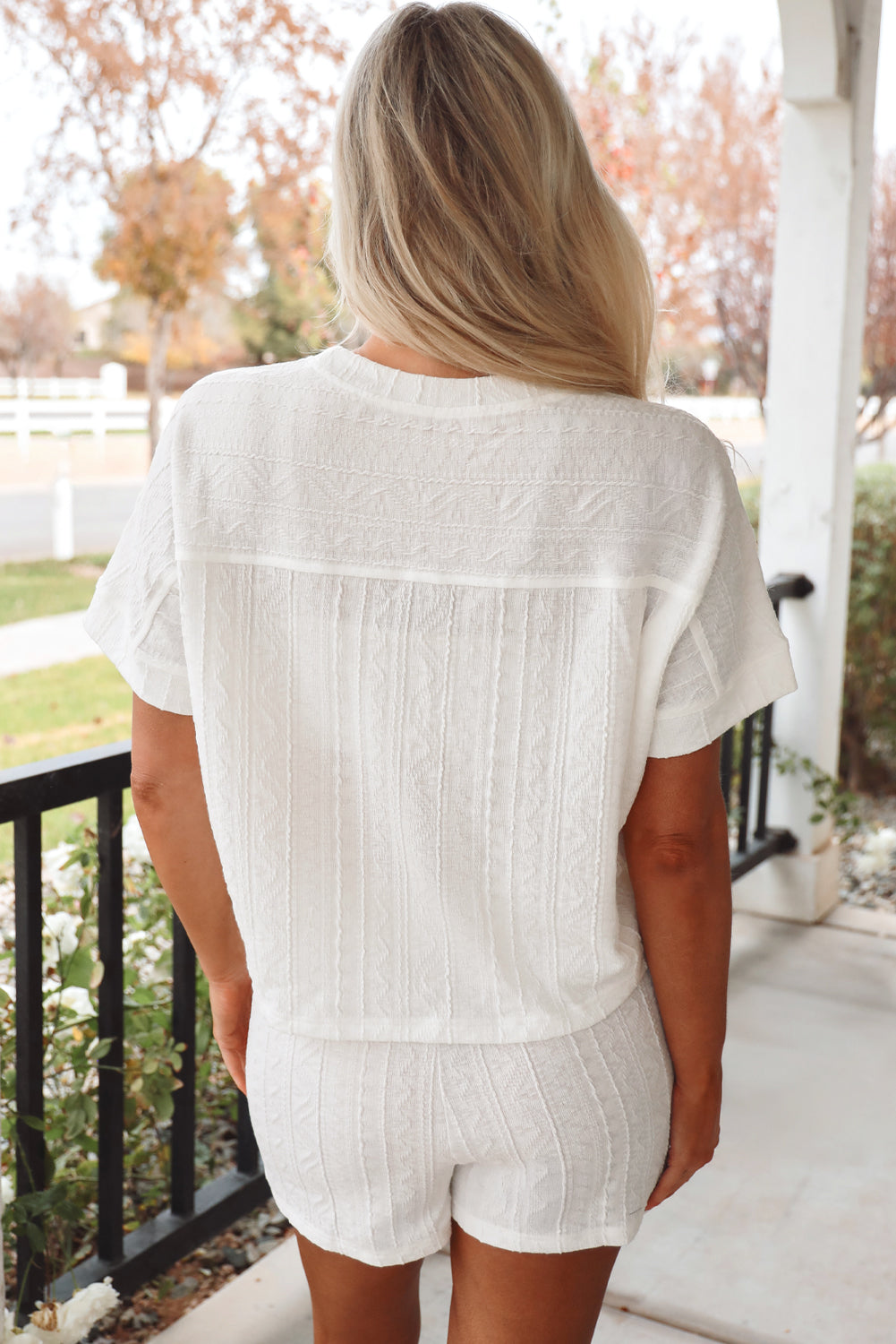 Textured Patched Pocket Short Sleeve Top & Drawstring Shorts Set
