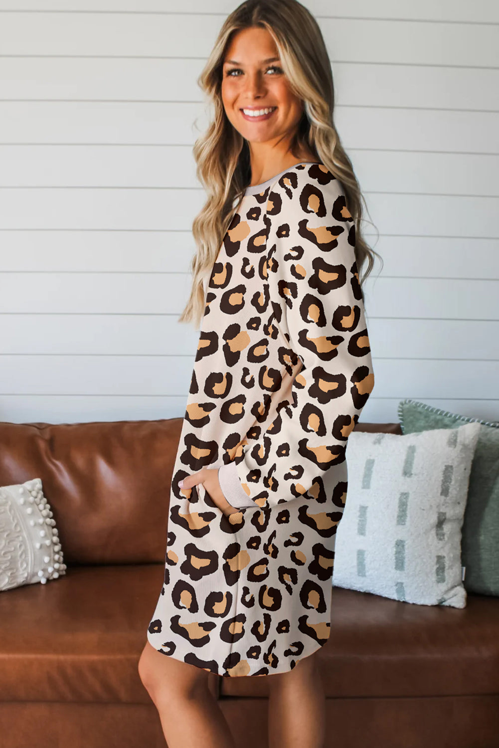 Leopard Print Long Sleeve Shift Dress with Pockets in Khaki