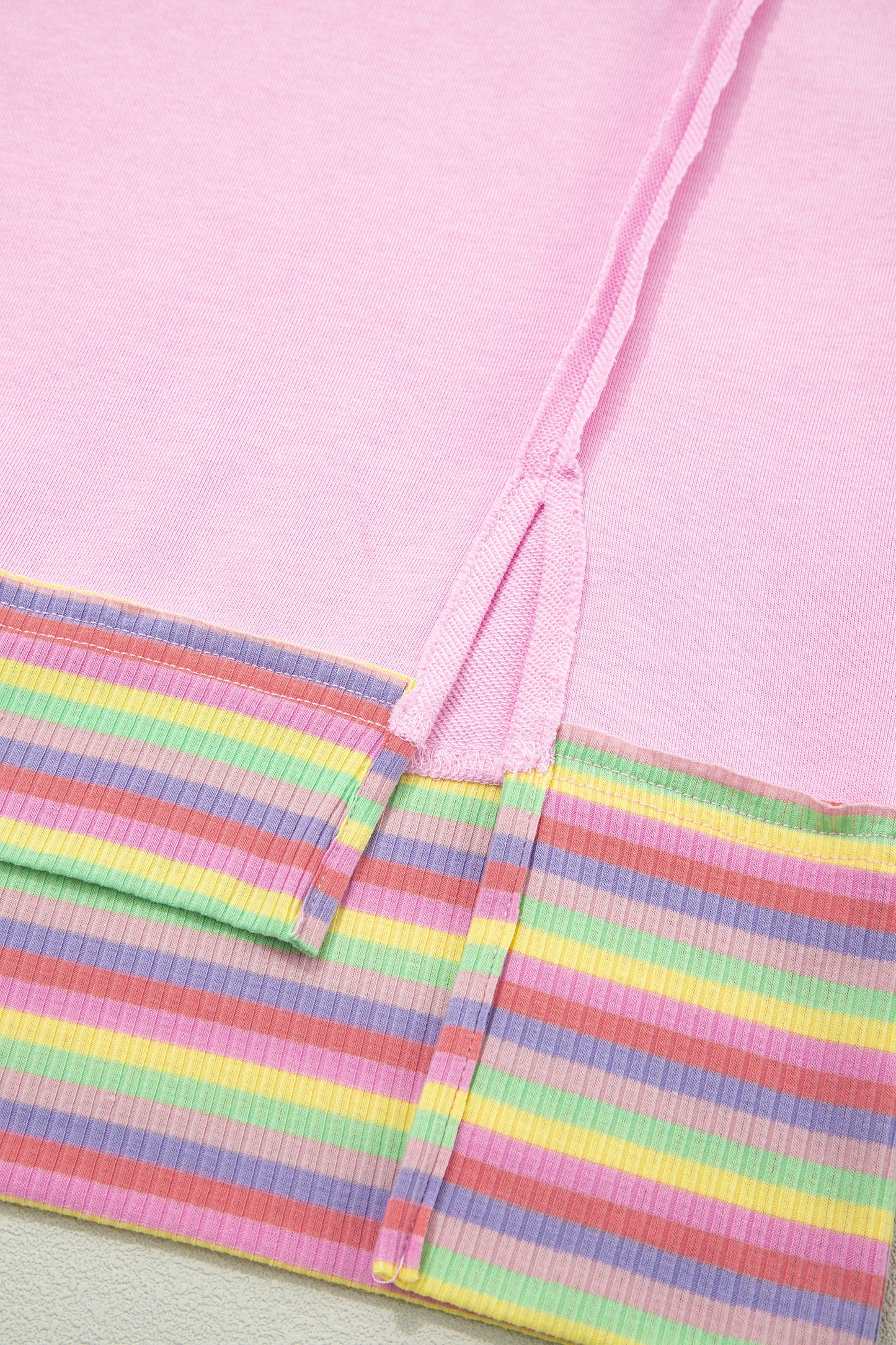 Pink Rainbow Stripe Ribbed Patchwork Raw Seam Oversized Polo Tee