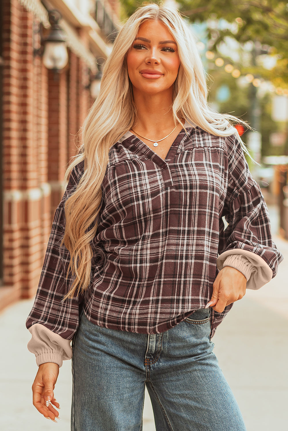 Plaid Patchwork Quarter-Button V-Neck Hooded Long Sleeve Blouse
