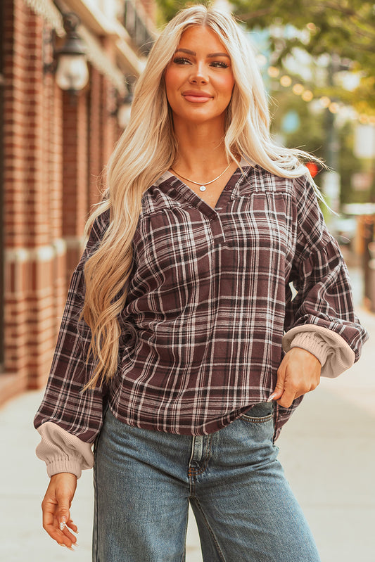 Plaid Patchwork Quarter-Button V-Neck Hooded Long Sleeve Blouse