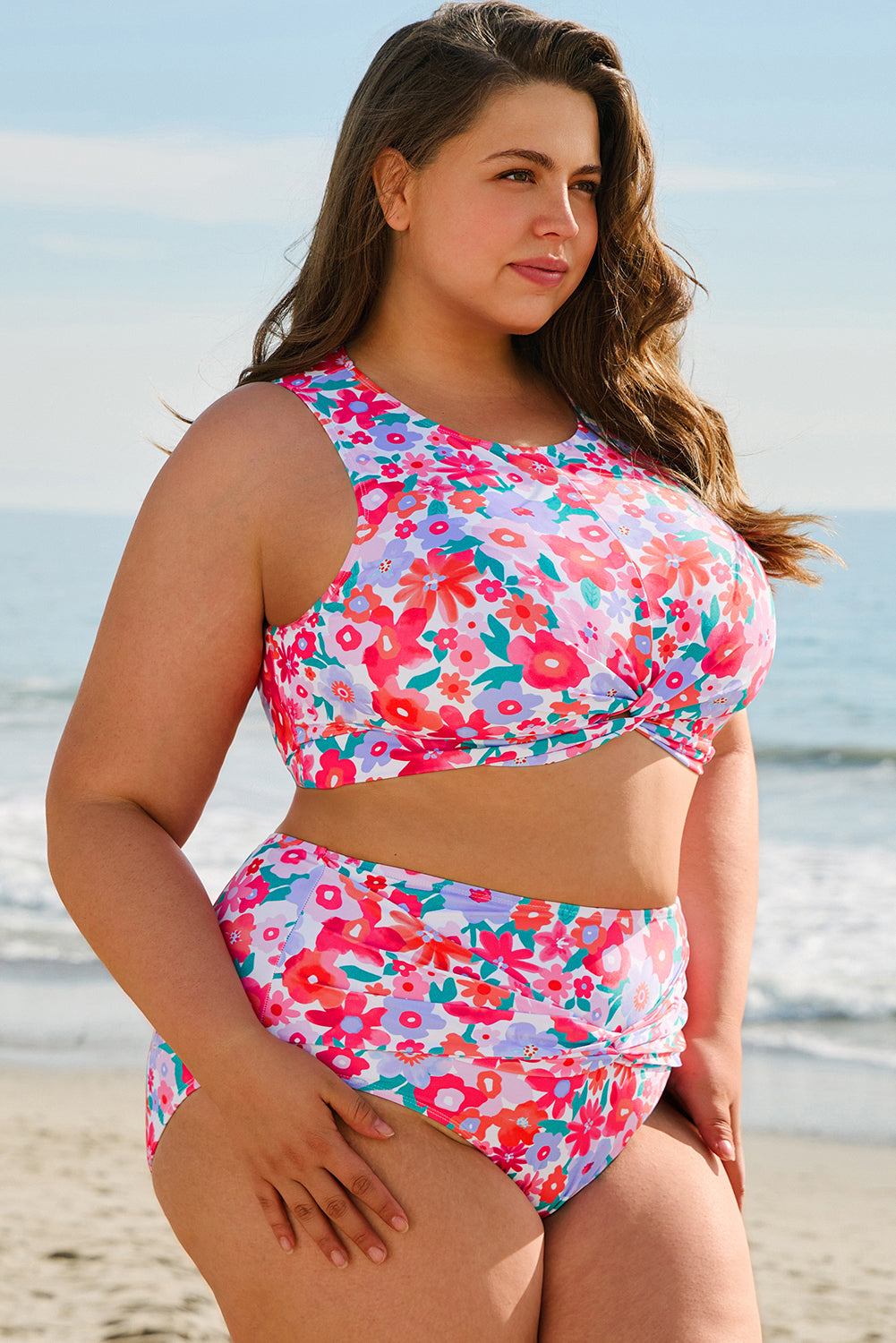 Rose Floral Print Twisted High Waist Plus Size Bikini Set