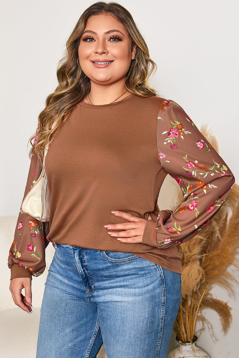 Floral Patchwork Sleeve Round Neck Blouse | Plus Size | Brown | 1X–4X