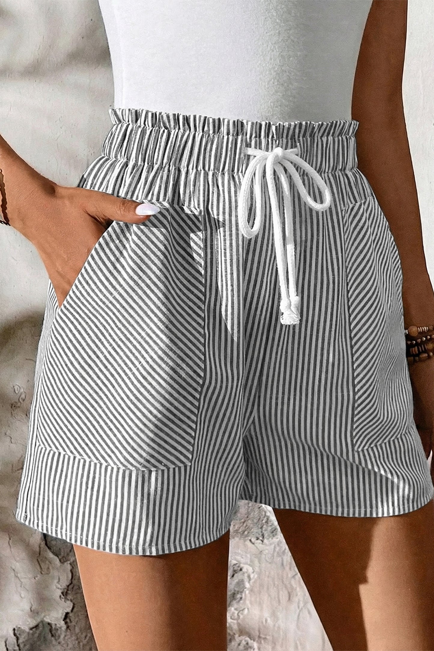 Grey Stripe Lace-Up Elastic Waist Casual Shorts with Pockets | S–XL