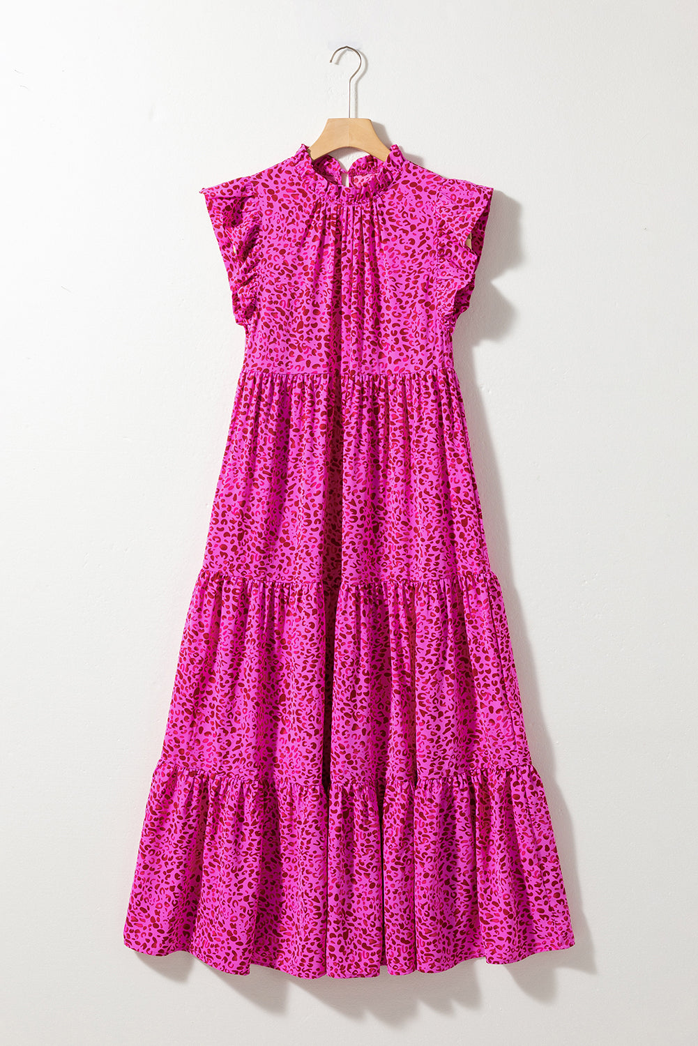Rose Red Leopard Print Ruffled Trim Flutter Sleeve Frilled Neck Tiered Maxi Dress