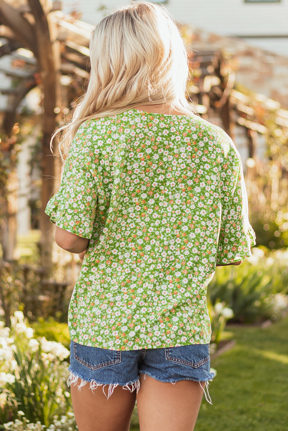 Green Floral Print Ruffle Sleeve V-Neck Loose Blouse – Women's Breezy Summer Top (S–XL)