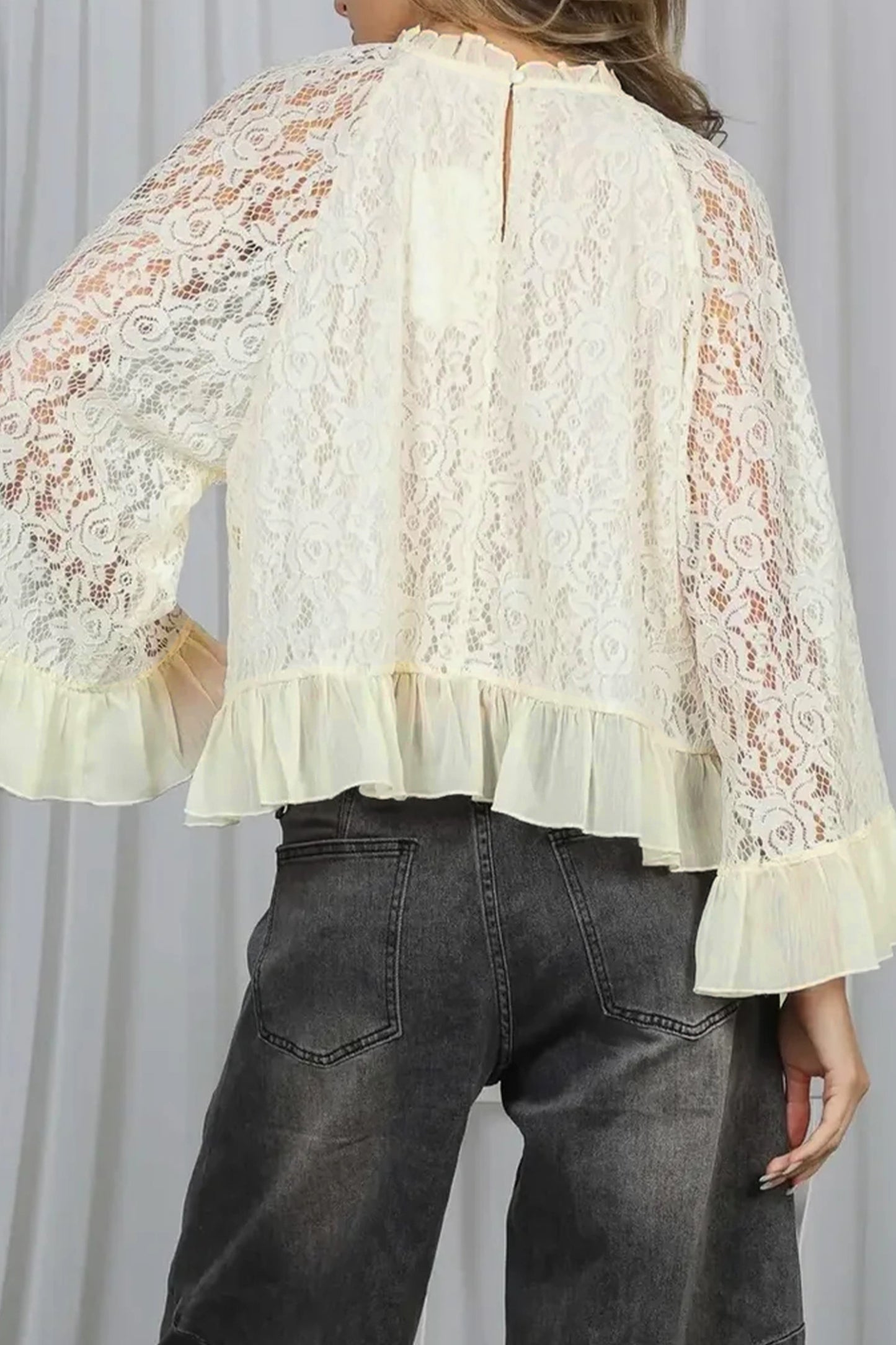 White Lace Long Sleeve Ruffle Blouse Women S–XL