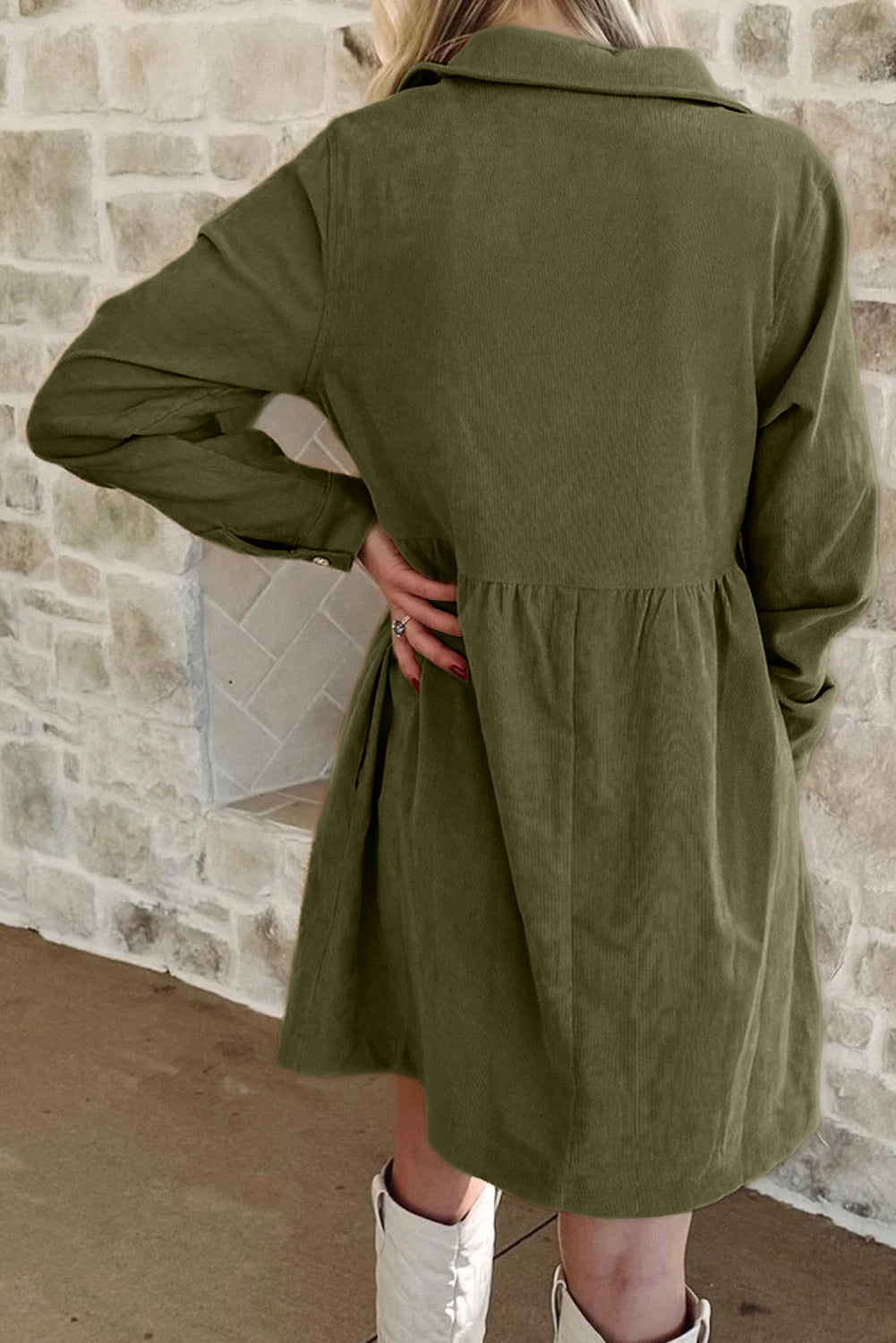 Corduroy Half Button Collared Mini Dress in Vineyard Green