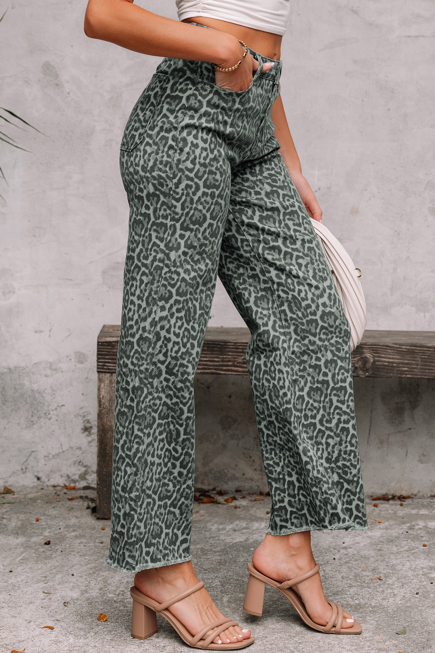 Leopard Print Wide-Leg High-Waist Jeans with Frayed Hem | Grey, Dark Grey & Brown