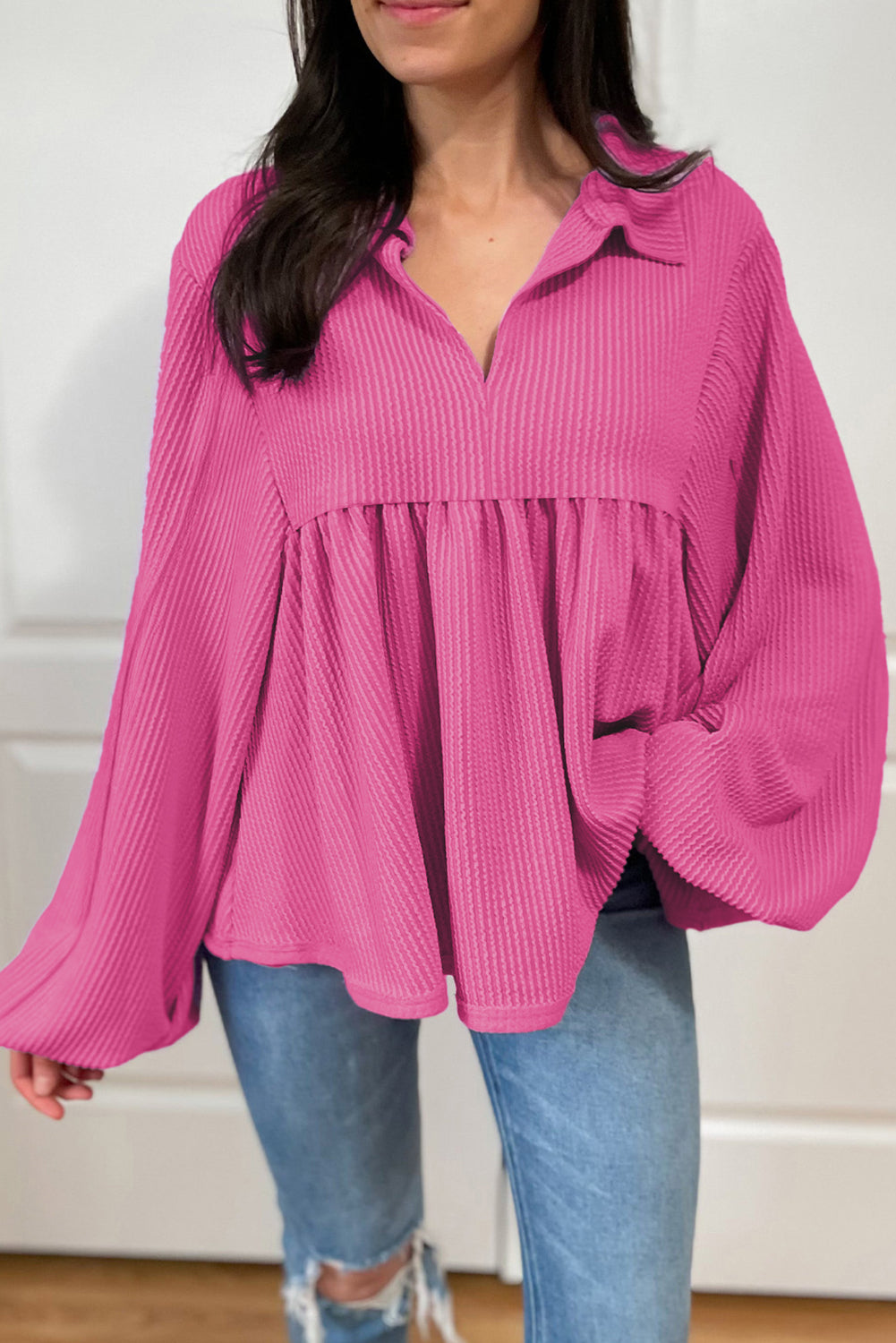 Corded Bubble Sleeve V-Neck Babydoll Blouse – Bright Pink & Tan Women S–2XL