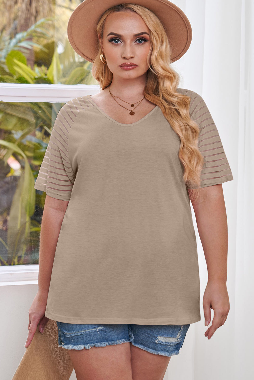 Plus Size Khaki Mesh Sleeve Short Sleeve Tee Women 1X–5X
