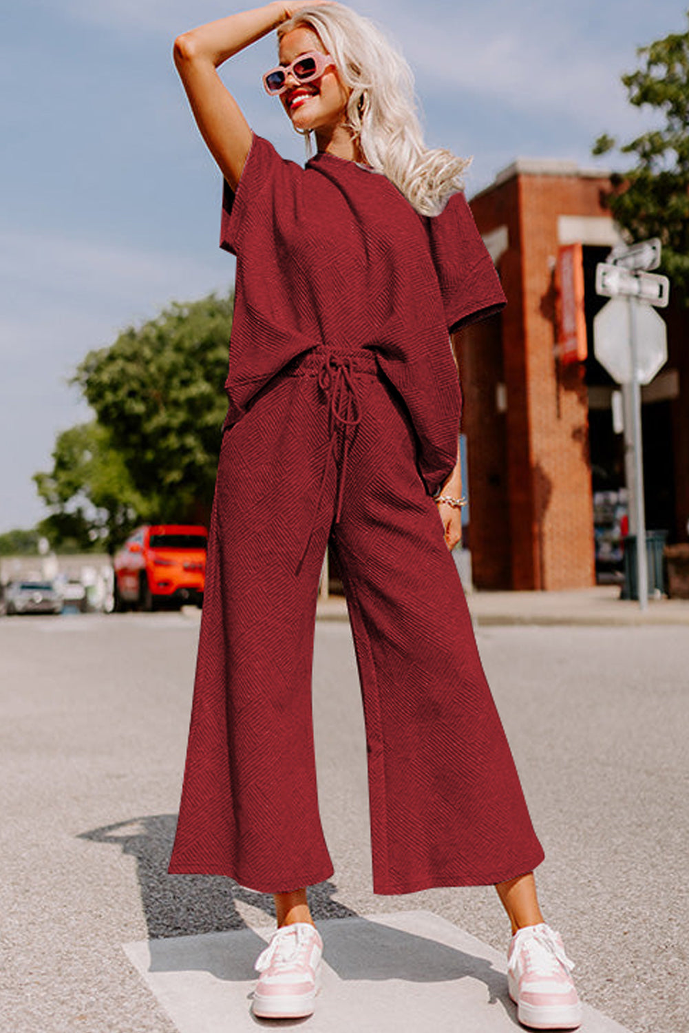 Red Matching Set Loose Tee Drawstring Pants Women S–2XL