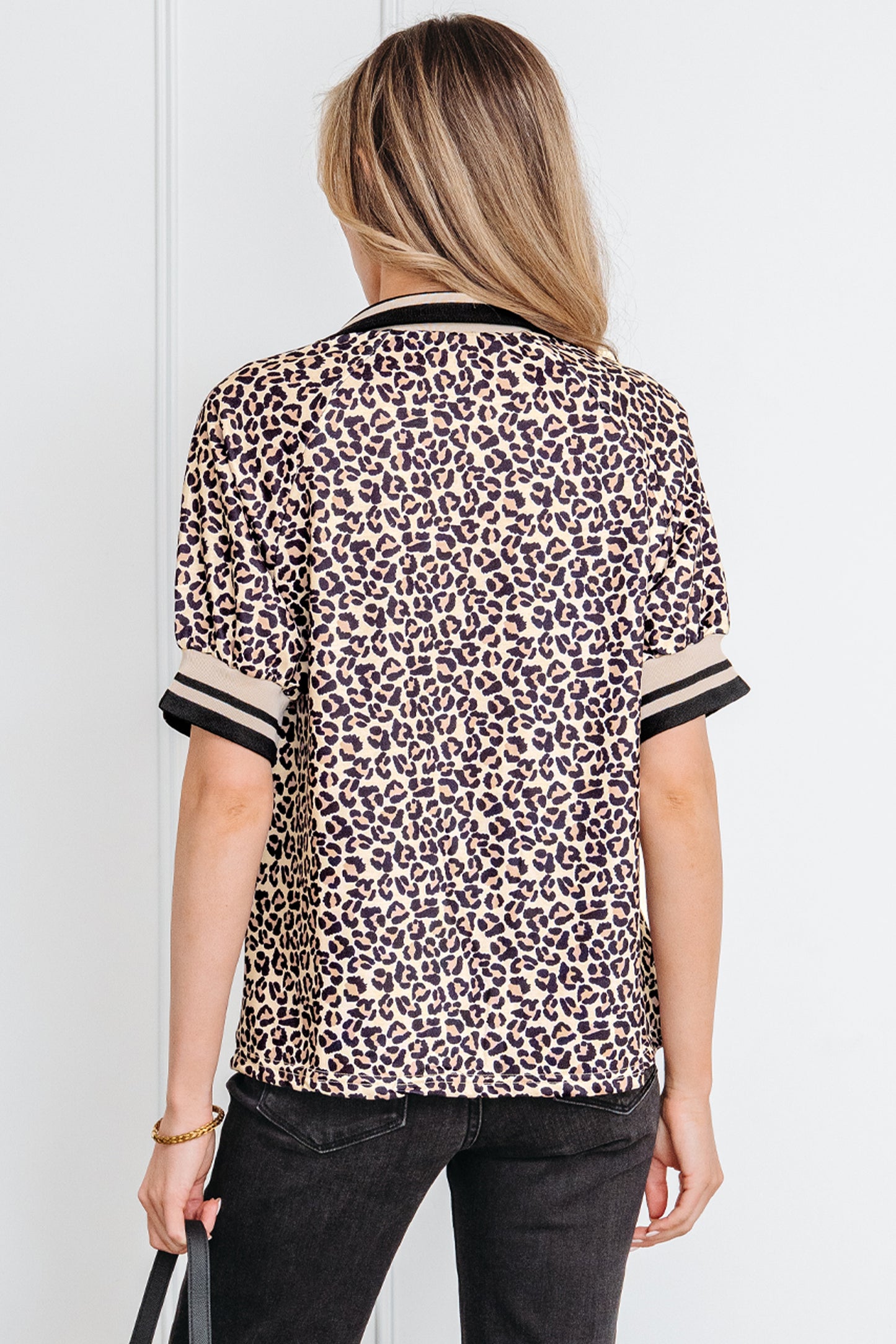 Leopard Print Half-Zip Striped Trim Patchwork Top in Brown