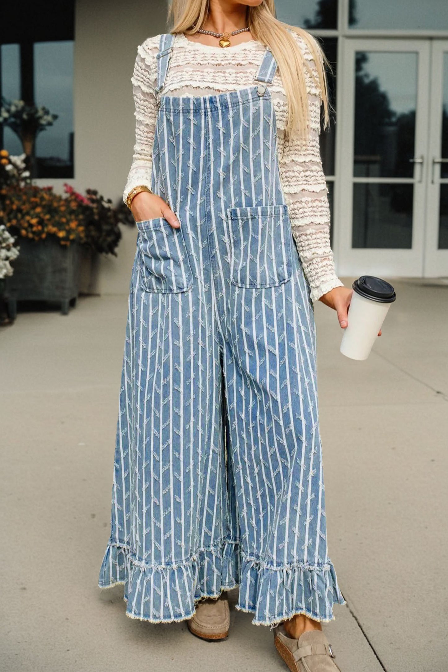 Light Denim Striped Wide Leg Overalls Women S–XL