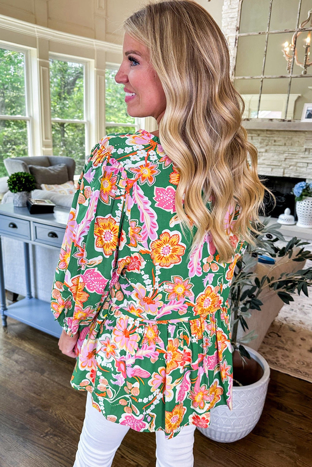 Floral Puff Sleeve V-Neck Peplum Blouse – Green Women S–XL
