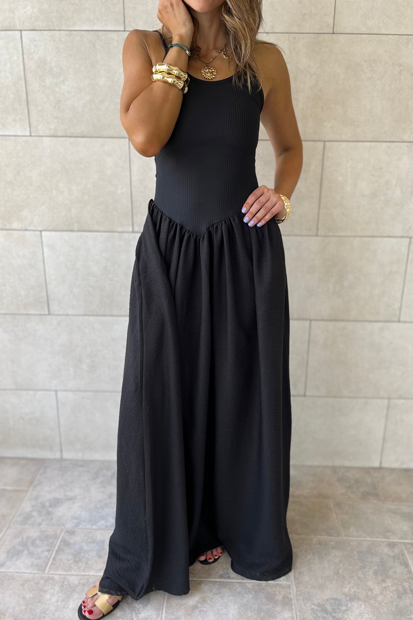 Black Ribbed Spaghetti Strap Maxi Dress Women S–XL