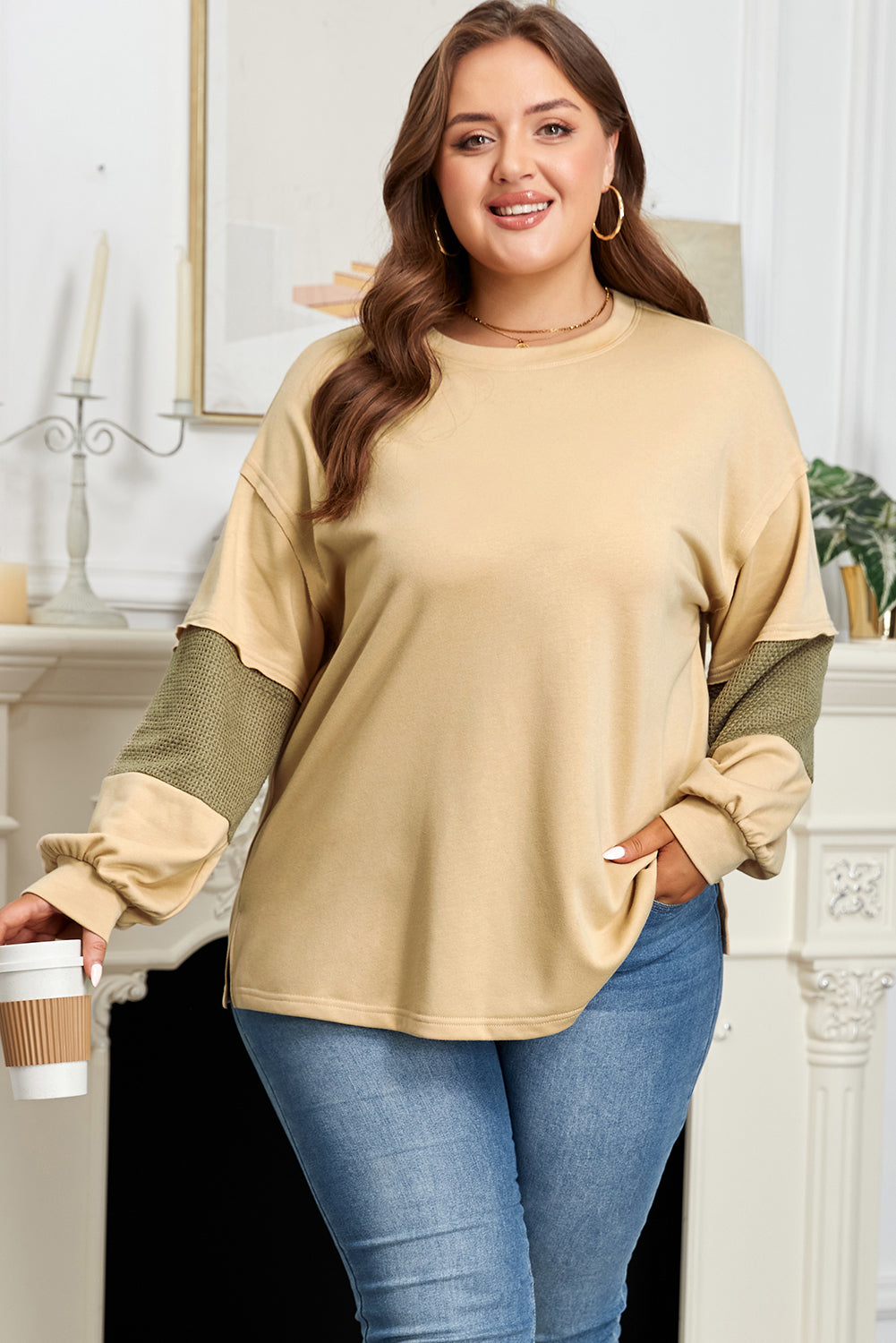 Exposed Seam Drop Shoulder Pullover – Plus Size Beige Olive Stripe 1X–4X