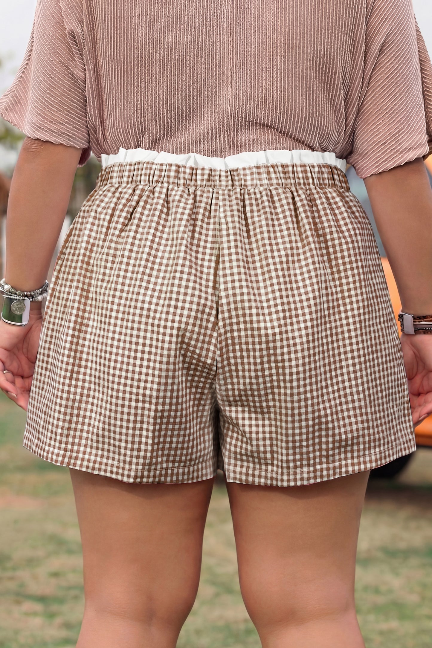 Green Contrast Trim Plaid Print Plus Size Shorts