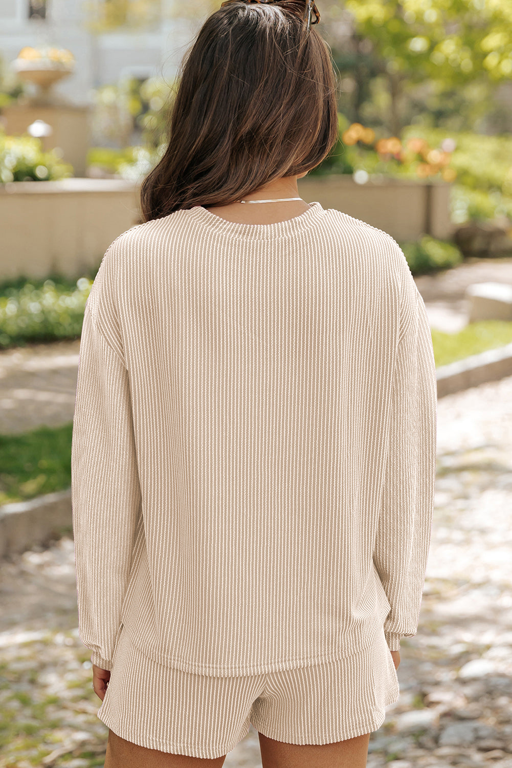 Corded Knit Long Sleeve Top High Waist Shorts Set